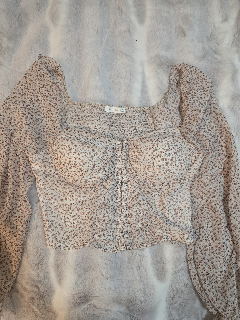 Floral Sweetheart Cream Crop Blouse with Brown Print